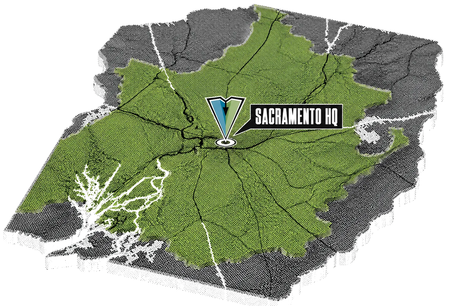 Illustrated map of the greater Sacramento region showing AG Installs' headquarters location and service area, marked with the AG Installs arrow icon