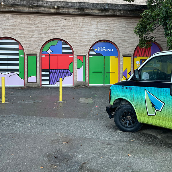 Sephora Rewind event window graphics and wrapped van installed in Sacramento