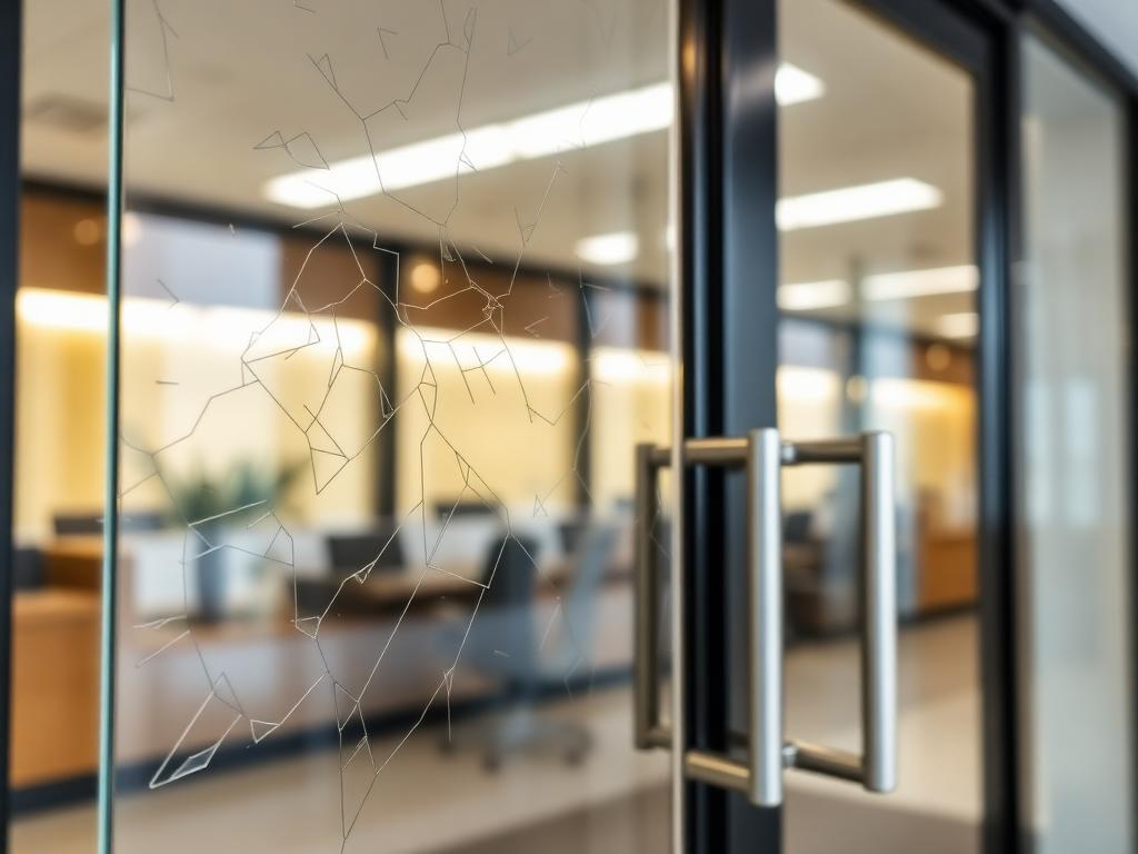 Cracked storefront door glass held together by shatter-resistant security film