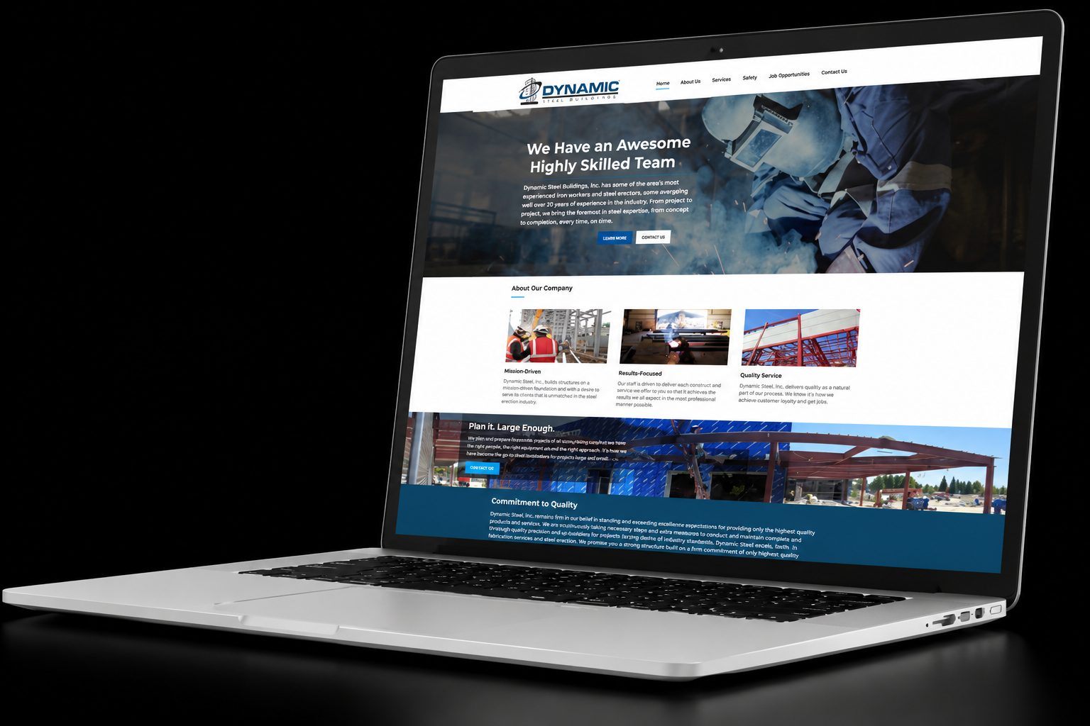Dynamic Steel Buildings website design shown on a laptop mockup