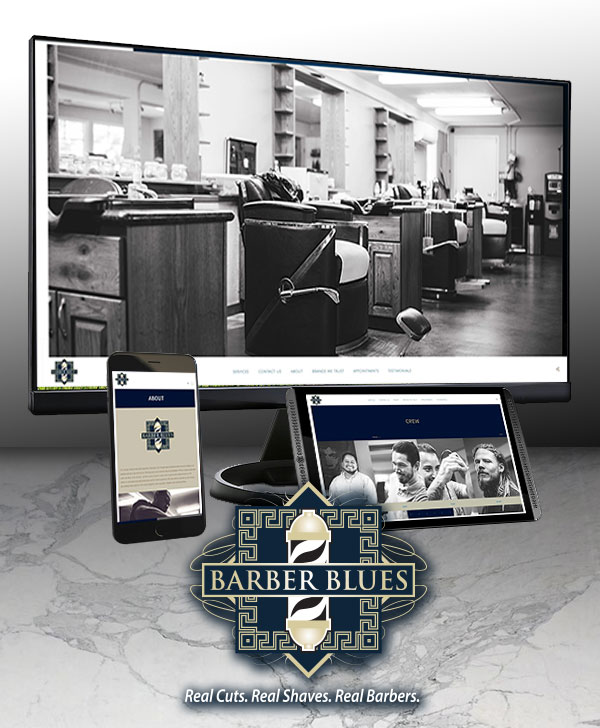 Barber Blues brand and web identity shown across desktop, tablet, and mobile