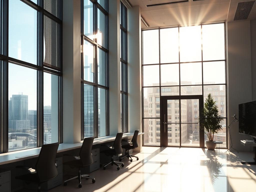 Sunlight streaming through a wall of office windows treated with solar control film