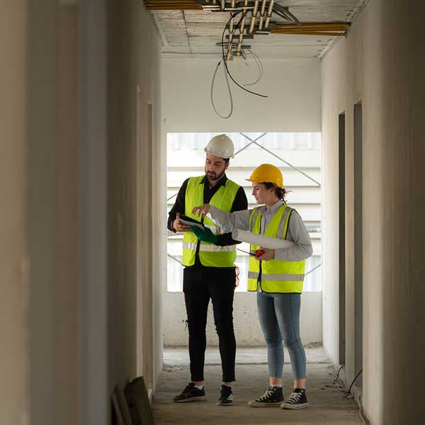 Two installers in hard hats and safety vests reviewing plans on a tablet inside an unfinished building
