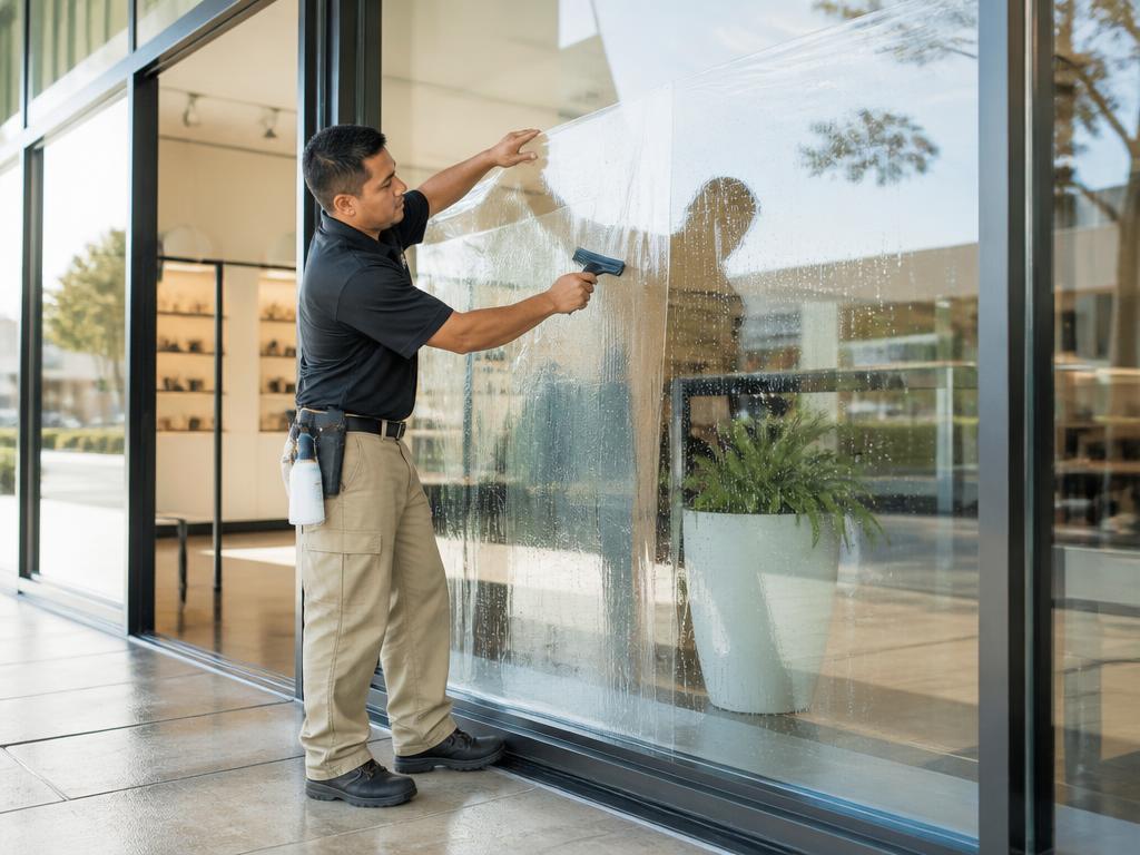 Installer applying a clear protective anti-graffiti film to a storefront window