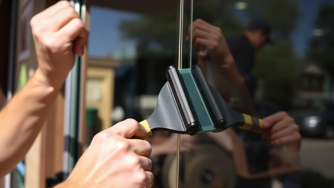 Installer squeegeeing vinyl film onto a storefront glass panel