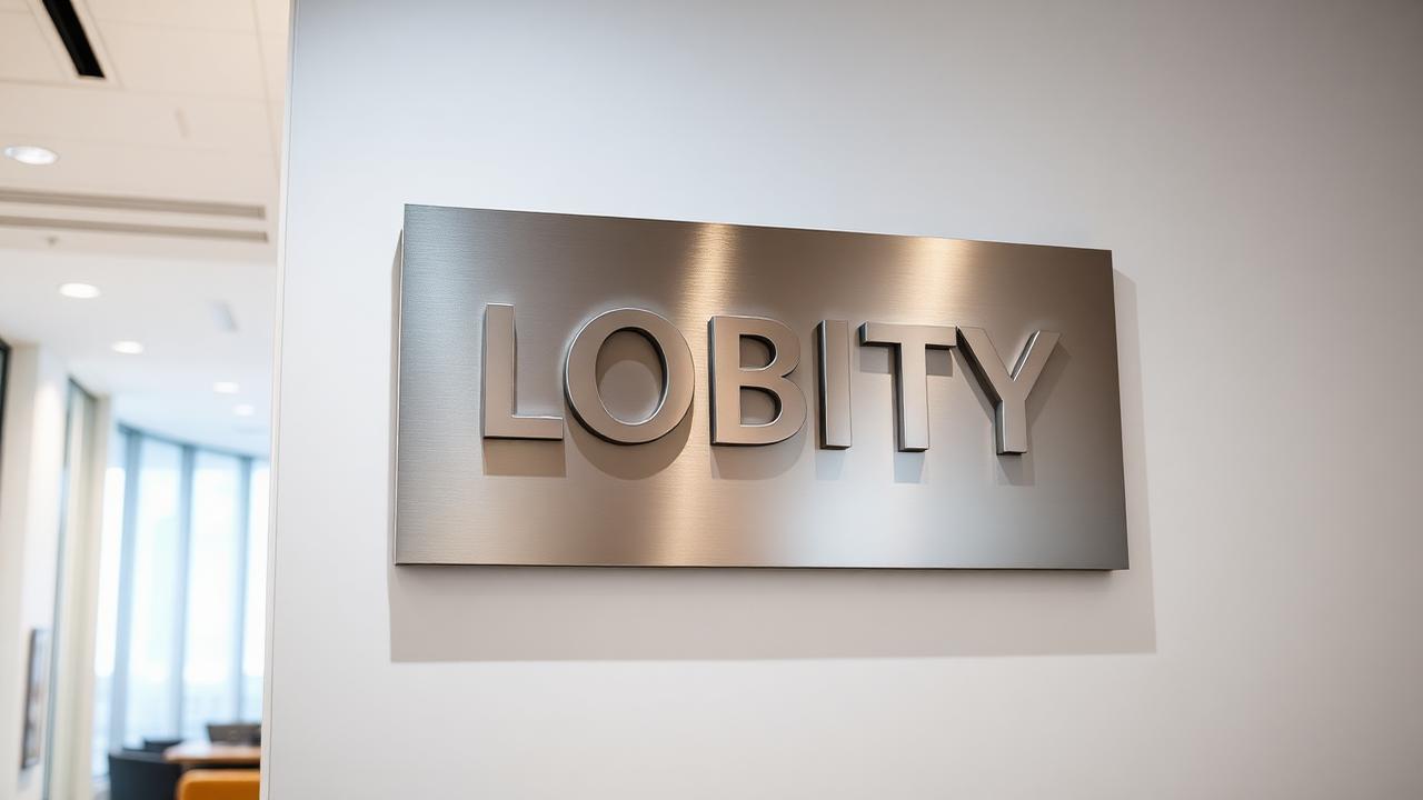 Brushed metal dimensional lobby sign mounted on a reception wall