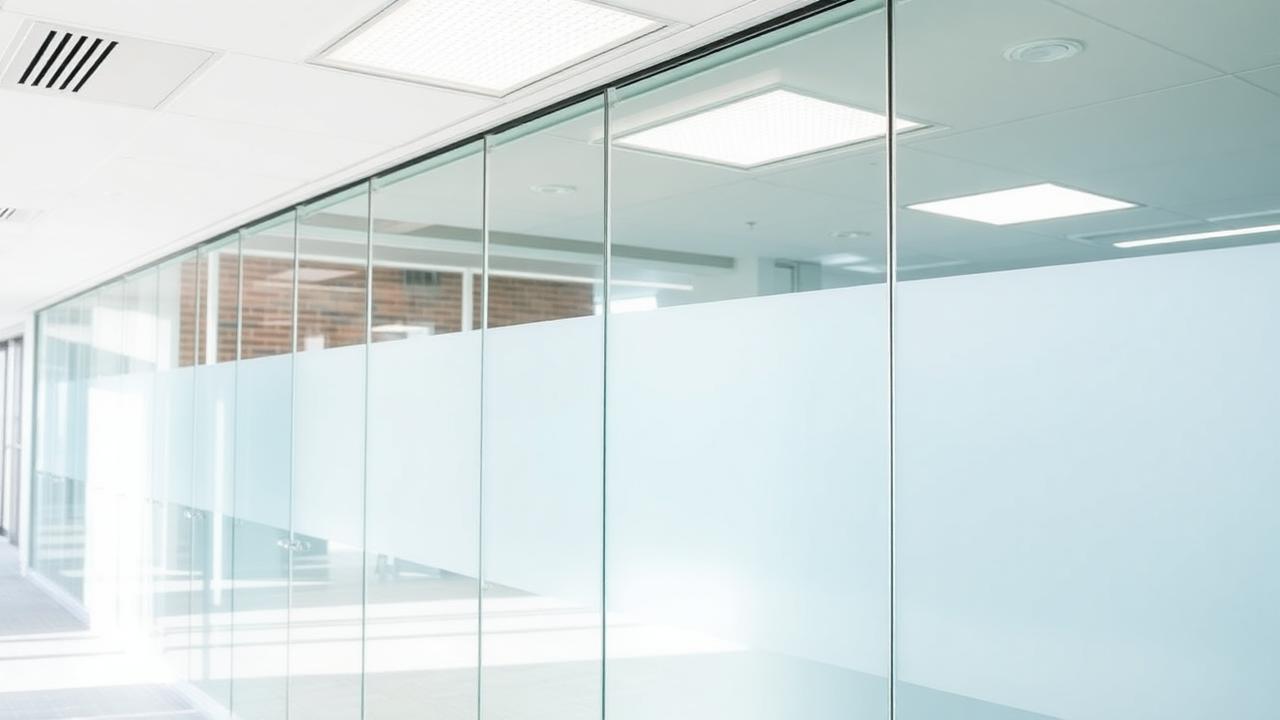 Frosted privacy film applied to glass office partitions