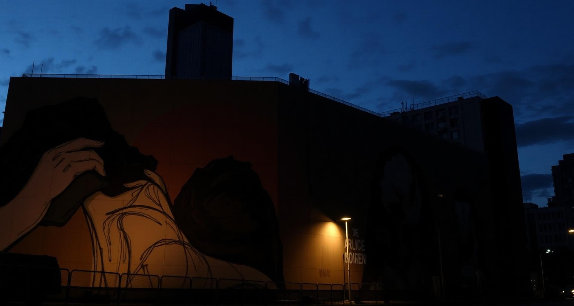 Large-format mural installation covering an urban building wall at dusk